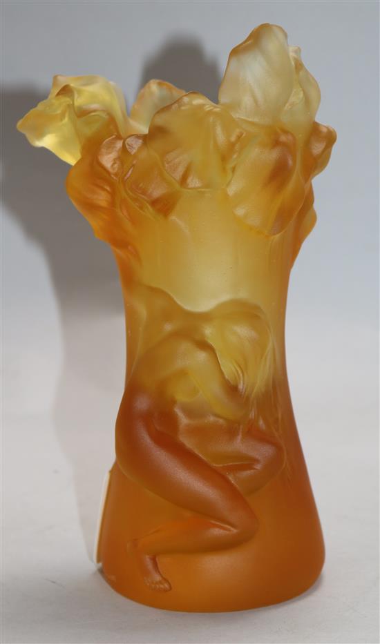 An Art Deco style amber-coloured glass vase in the manner of Roubleff, H 24.5cm
